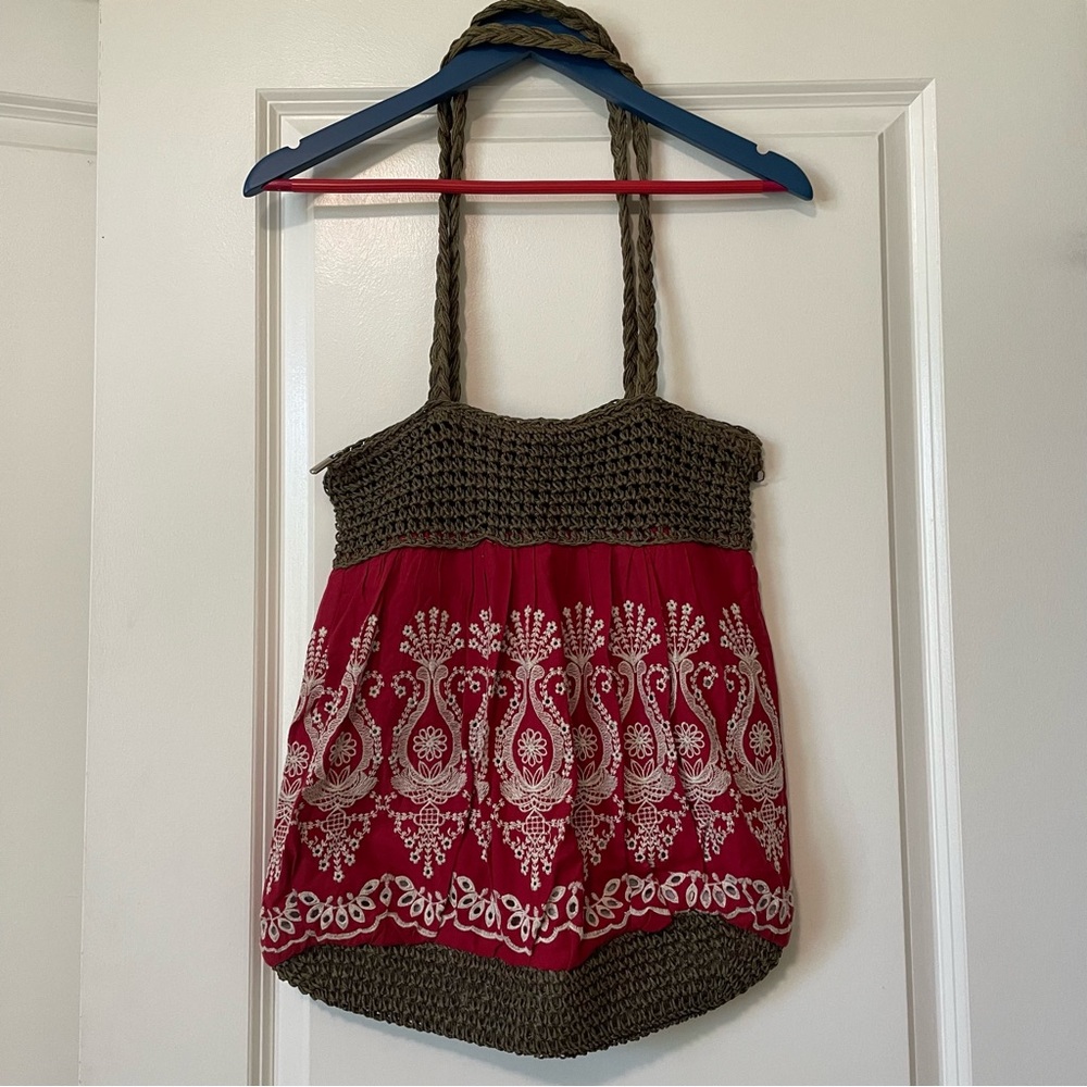 Large Tall Tosca Red Printed fabric Straw Carry All Tote Handbag